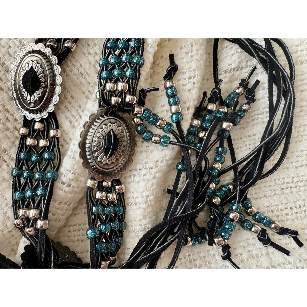 Vintage Southwestern Concho Leather Belt Beaded Turquoise Boho Western 86"